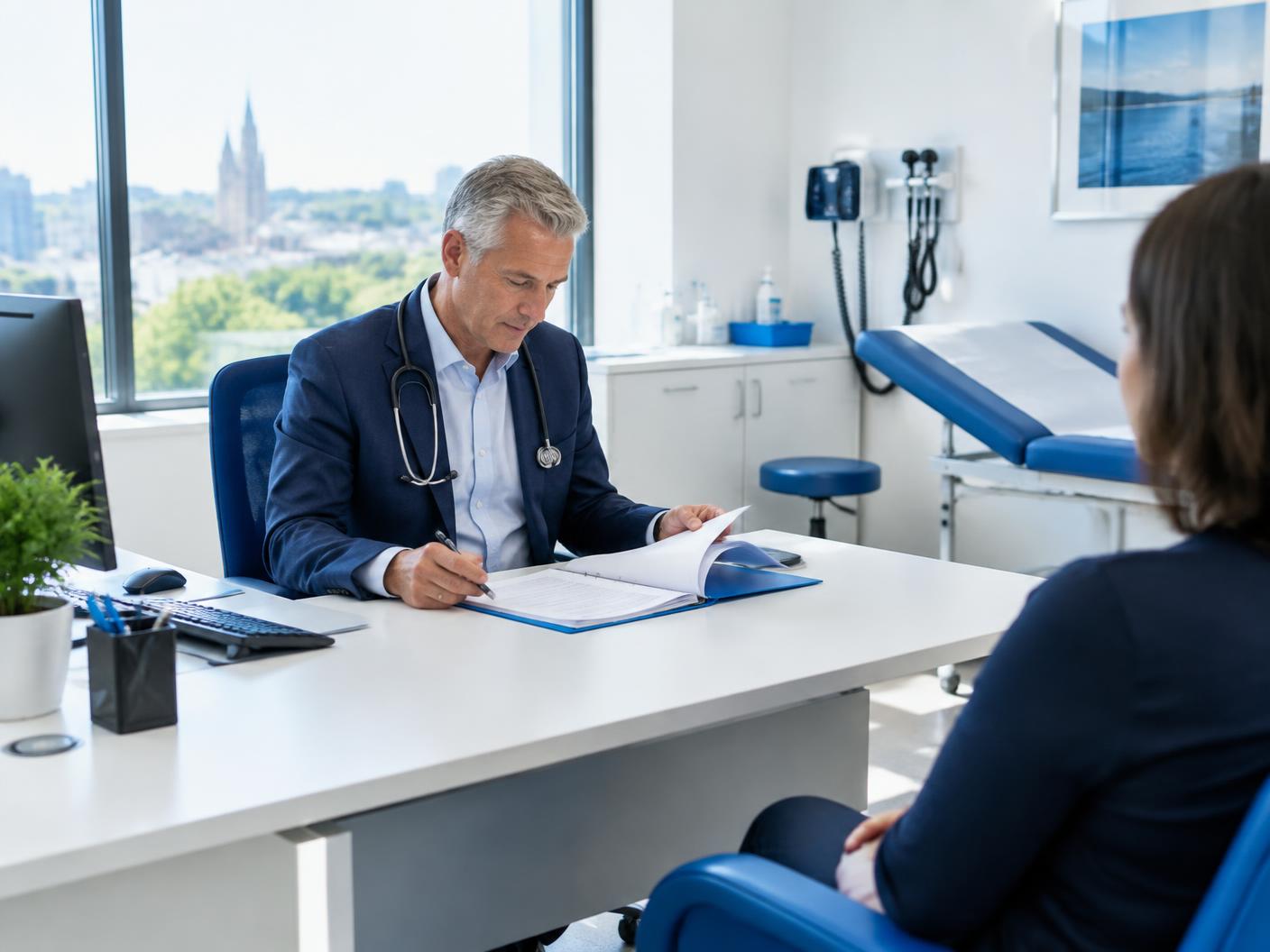 Doctor reviewing clinical notes during a consultation